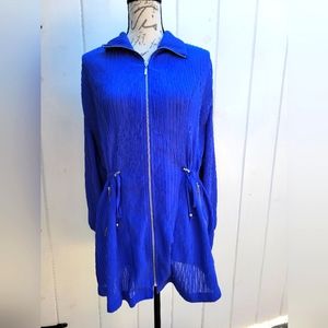 Chico's Travelers Royal‎ Blue Zip Up Textured Long Jacket with Drawstring Size L
